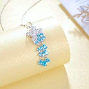 Flower Pendant Blue Aquamarine Birthstone Necklace, Sterling Silver